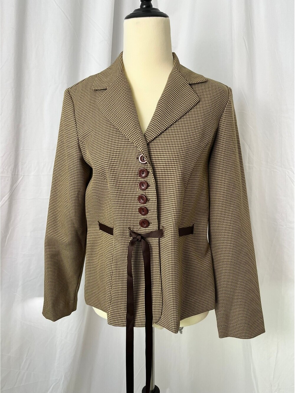 Vintage Sweet Petite Houndstooth 6-Button Blazer Brown Ribbon Tie Waist | Sz 8P